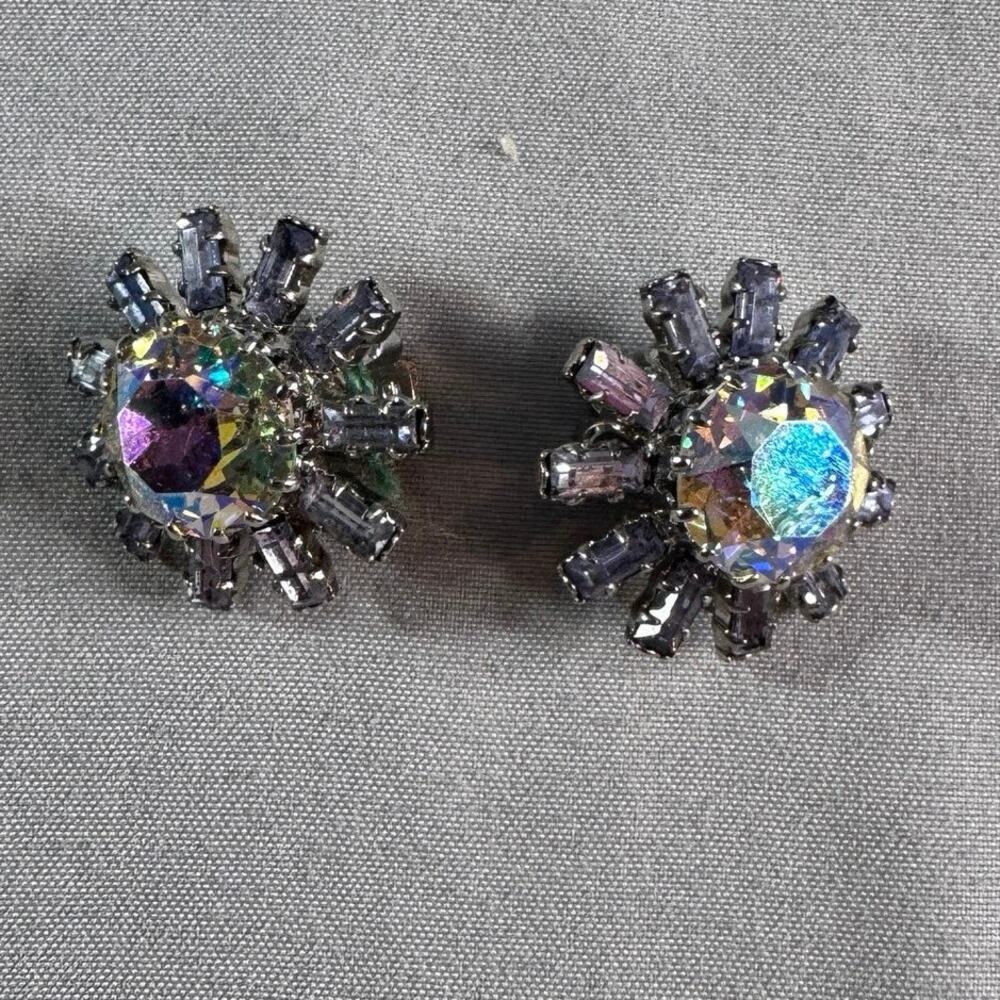 Vintage Austria Lavender AB Rhinestone Starburst Clip On Earrings Signed Austria